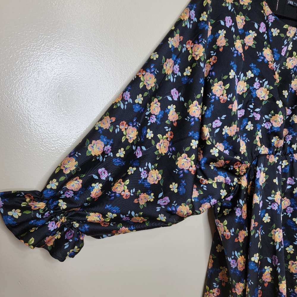 Zara Black Floral Satin Printed Summer Dress Large - Picture 6 of 9
